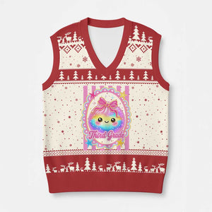 Kawaii Third Grade Glitter Dumpling Printed Graphic V-Neck Knit Sweater Vest Cute First Day Back To School for Students Teachers TS02 Beige Red Print Your Wear