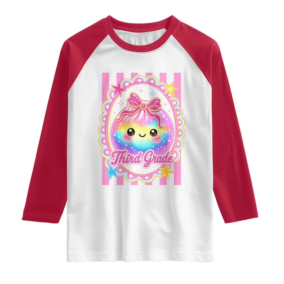 Kawaii Third Grade Glitter Dumpling Printed Graphic Raglan Shirt Cute First Day Back To School for Students Teachers TS02 White Red Print Your Wear
