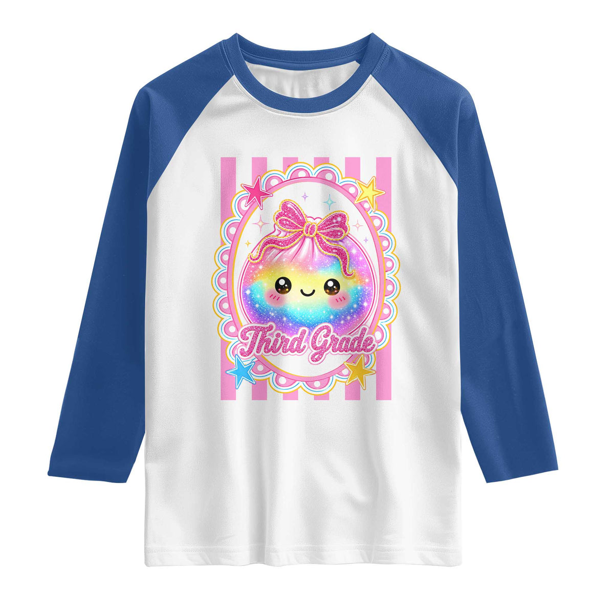 Kawaii Third Grade Glitter Dumpling Printed Graphic Raglan Shirt Cute First Day Back To School for Students Teachers TS02 White Royal Print Your Wear