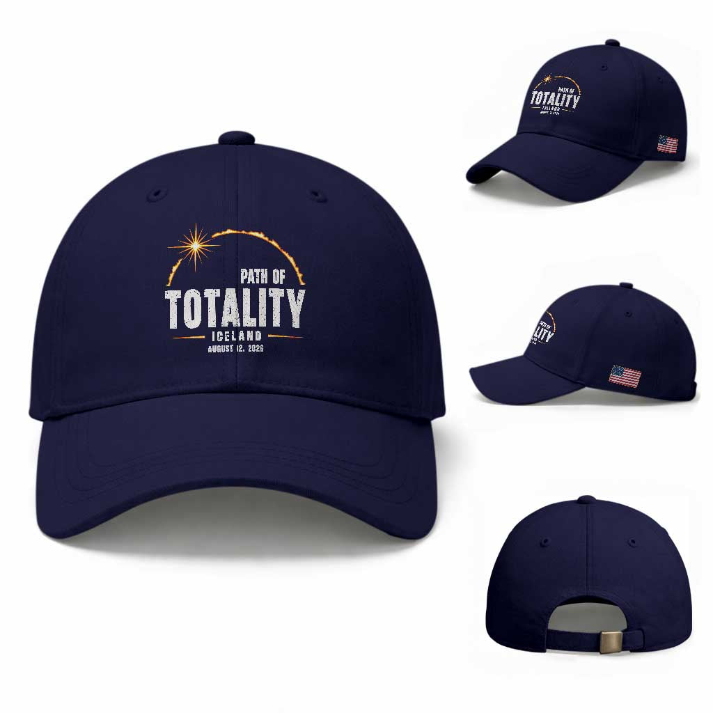 Path of Totality Iceland August 12 2026 Baseball Cap Total Solar Eclipse Astronomy Travel Gift TS02 Baseball Cap Universal Fit Dark Blue Print Your Wear