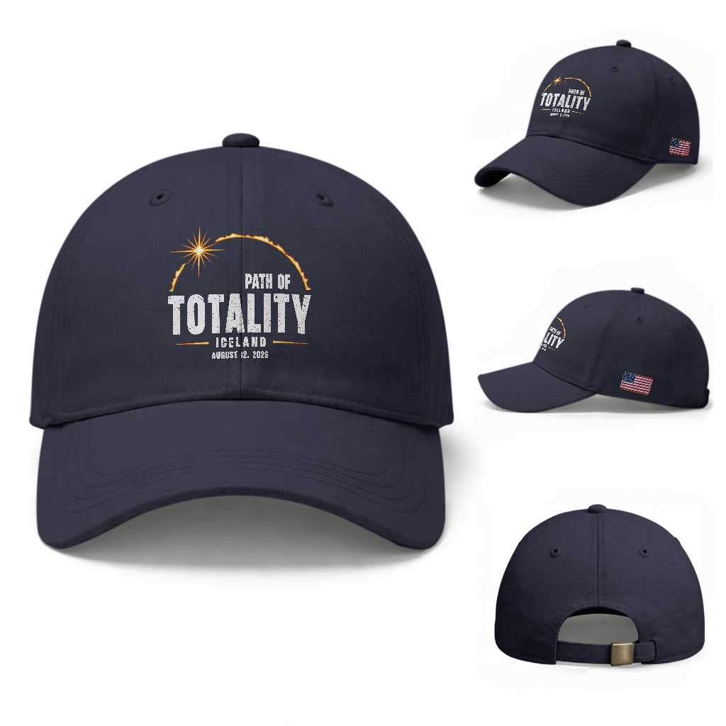 Path of Totality Iceland August 12 2026 Baseball Cap Total Solar Eclipse Astronomy Travel Gift TS02 Baseball Cap Universal Fit Navy Print Your Wear