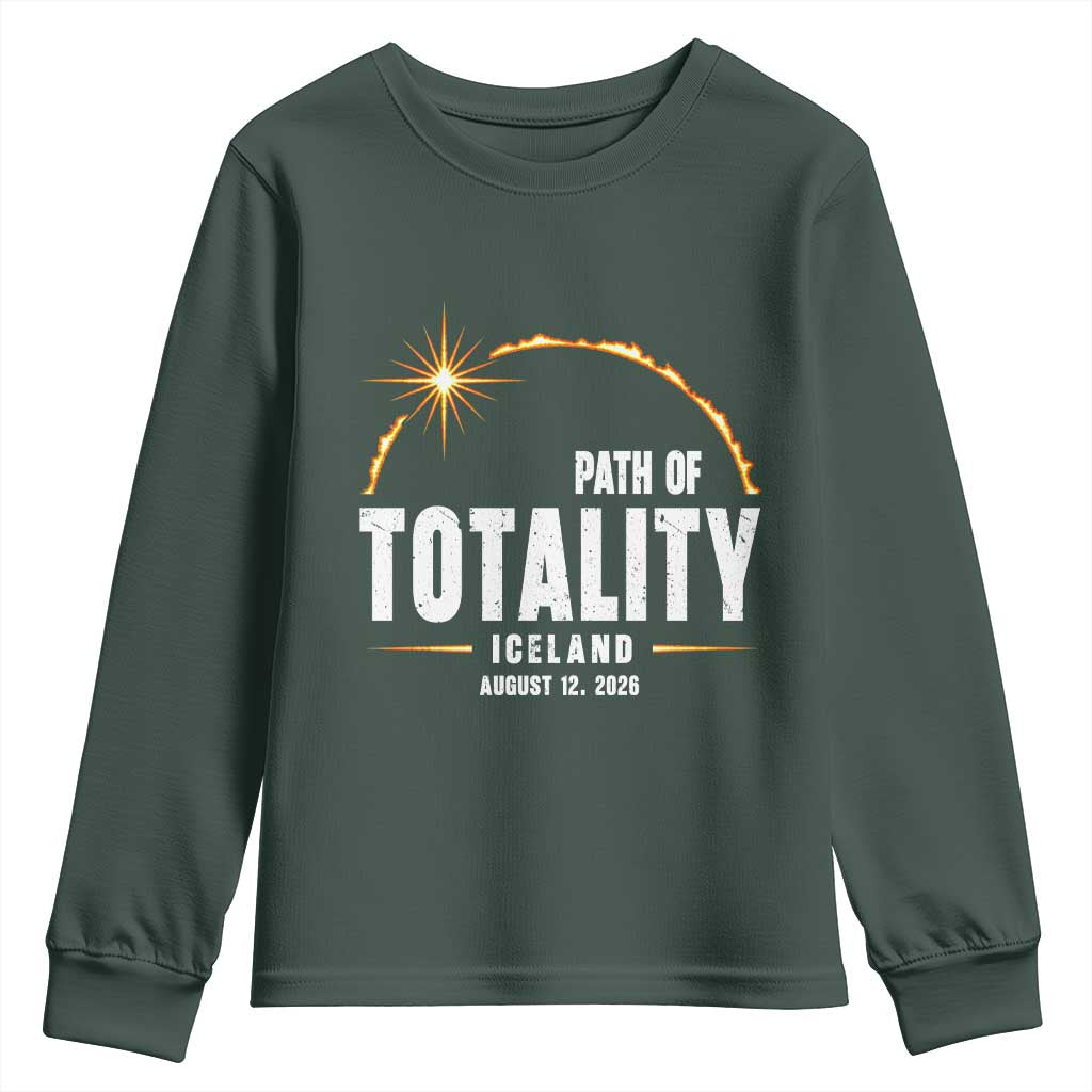 Path of Totality Iceland August 12 2026 Youth Sweatshirt Total Solar Eclipse Astronomy Travel Gift TS02 Dark Forest Green Print Your Wear