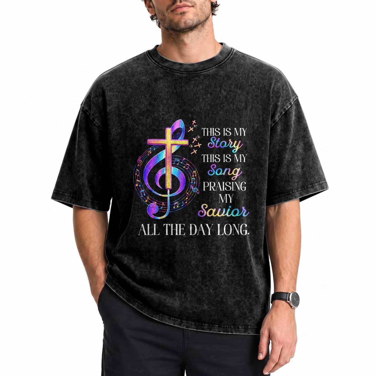 This Is My Story This Is My Song Praise Washed Cotton T-Shirt Colorful Christian Treble Clef Cross Graphic
