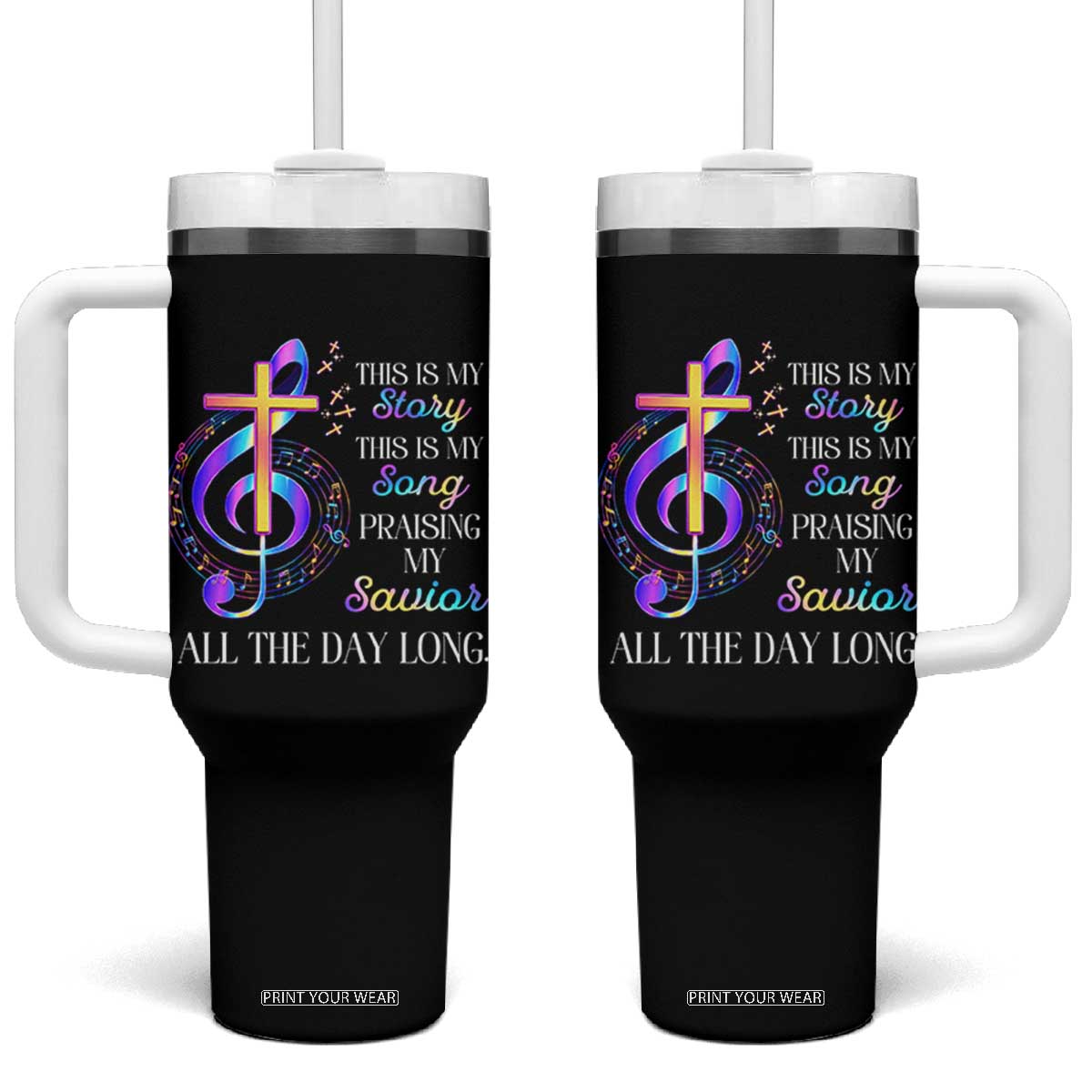 This Is My Story This Is My Song Praise Tumbler With Handle Colorful Christian Treble Clef Cross Graphic