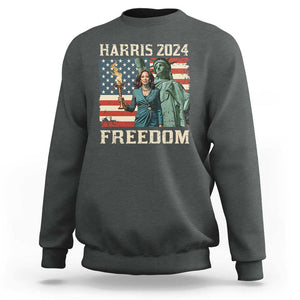 Kamala Harris 2024 Sweatshirt Freedom Madam President Lady Liberty Torch American Flag TS02 Dark Heather Print Your Wear