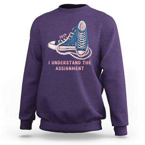 Kamala Harris 2024 Sweatshirt I Understand The Assignment Vote Blue Chuck And Pearls TS02 Purple Print Your Wear