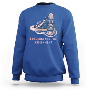 Kamala Harris 2024 Sweatshirt I Understand The Assignment Vote Blue Chuck And Pearls TS02 Royal Blue Print Your Wear