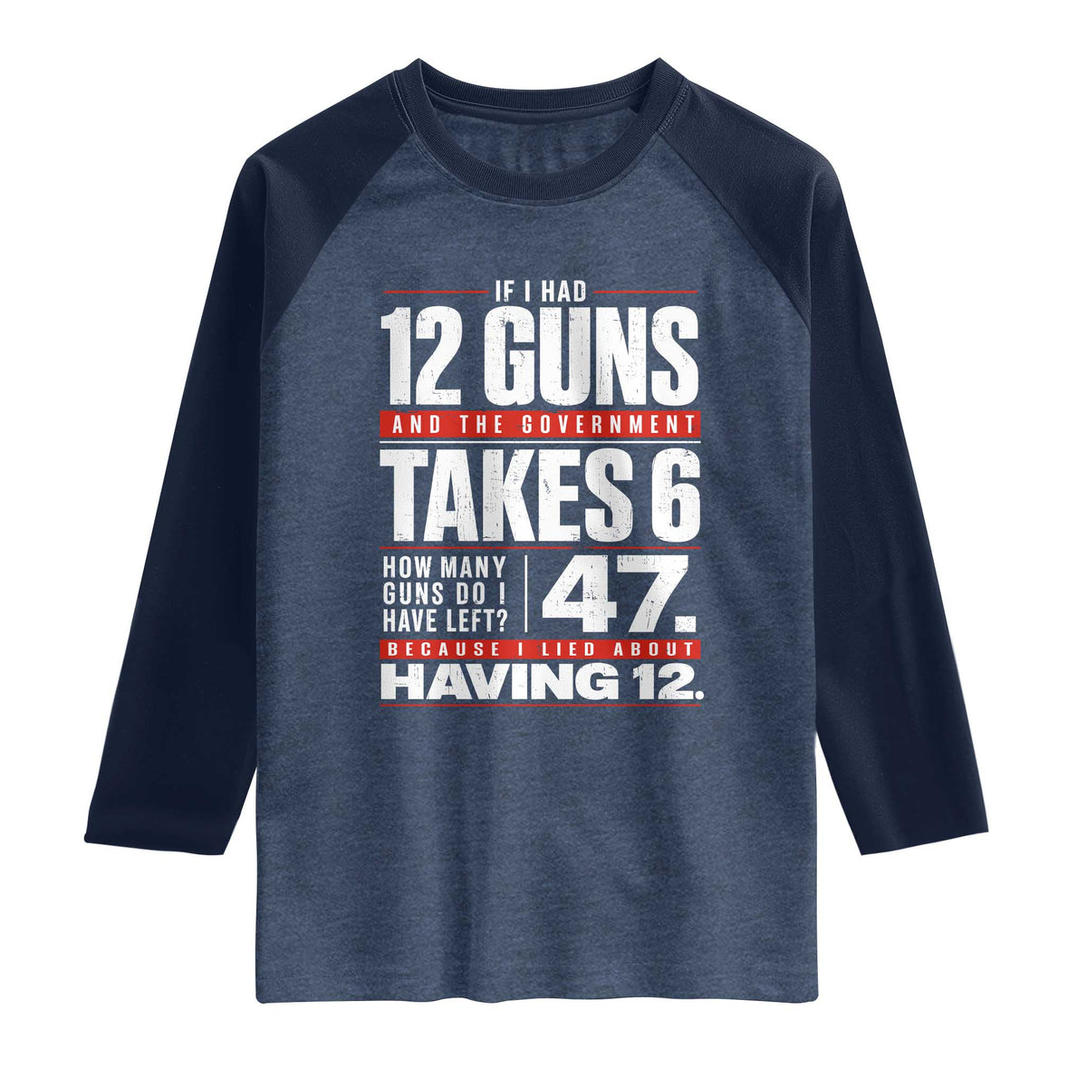Funny 2A Math Word Problem Pro Gun Rights Raglan Shirt 47 Guns Left Because I Lied About Having 12 TS02 Heather Denim Navy Print Your Wear
