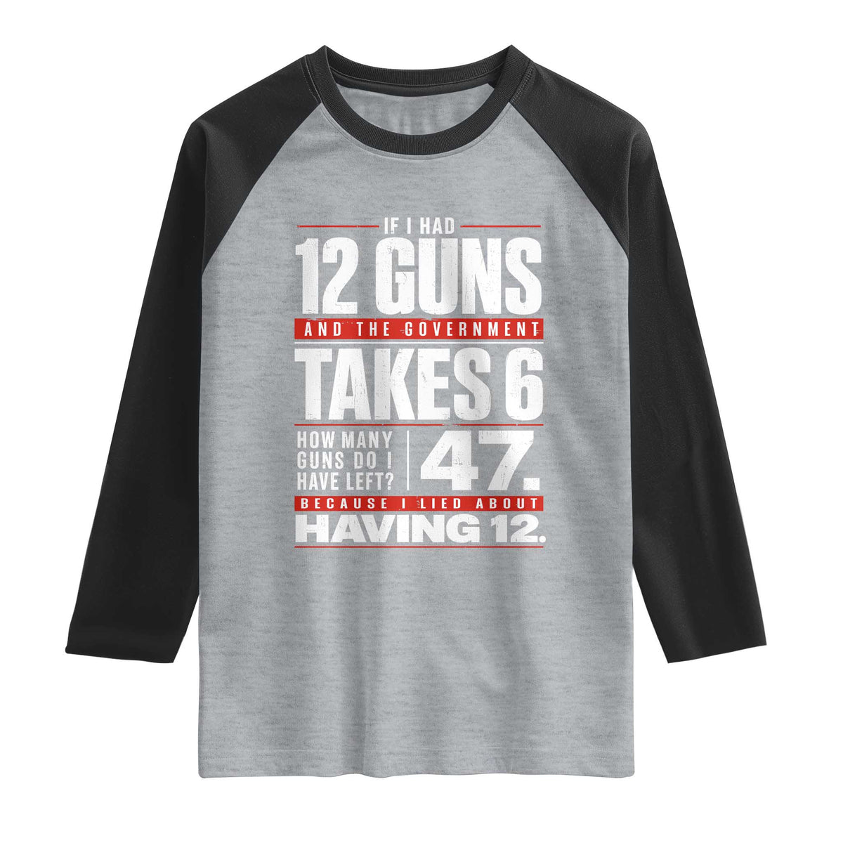 Funny 2A Math Word Problem Pro Gun Rights Raglan Shirt 47 Guns Left Because I Lied About Having 12 TS02 Heather Gray Black Print Your Wear