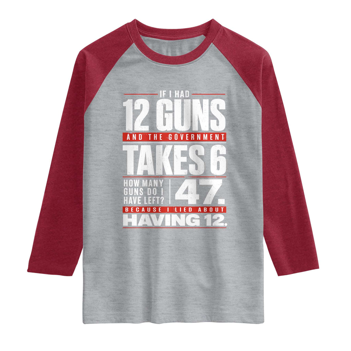 Funny 2A Math Word Problem Pro Gun Rights Raglan Shirt 47 Guns Left Because I Lied About Having 12 TS02 Heather Gray Heather Red Print Your Wear