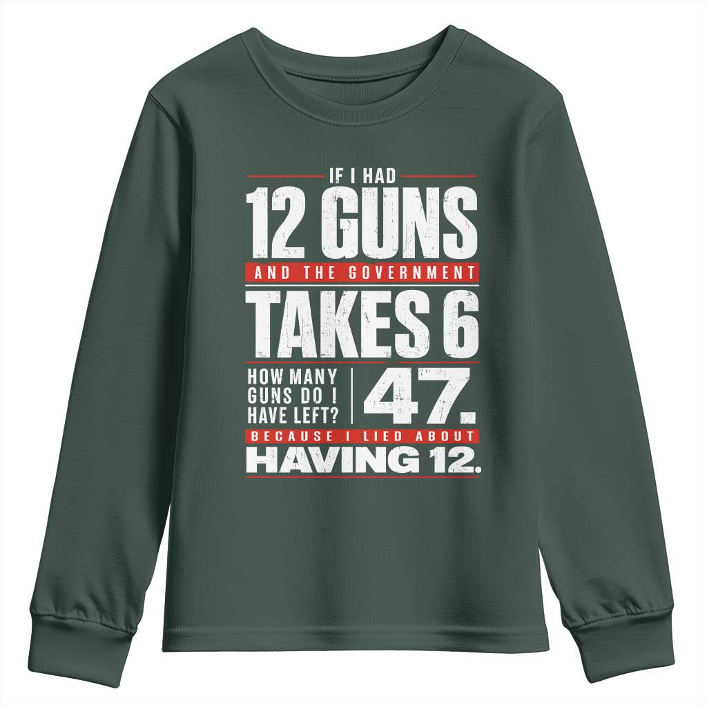 Funny 2A Math Word Problem Pro Gun Rights Youth Sweatshirt 47 Guns Left Because I Lied About Having 12 TS02 Dark Forest Green Print Your Wear