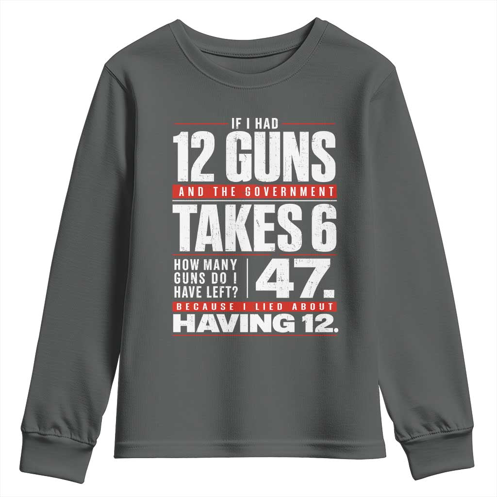 Funny 2A Math Word Problem Pro Gun Rights Youth Sweatshirt 47 Guns Left Because I Lied About Having 12 TS02 Dark Heather Print Your Wear