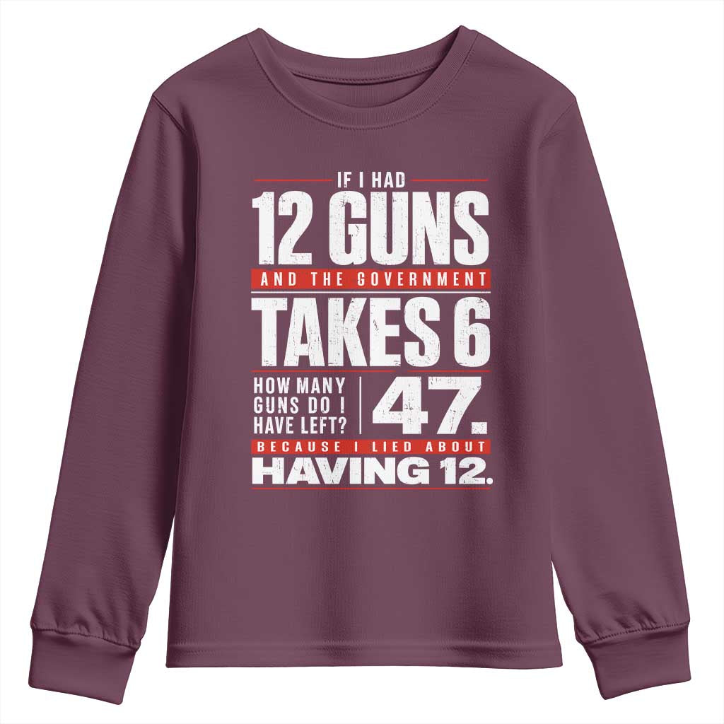 Funny 2A Math Word Problem Pro Gun Rights Youth Sweatshirt 47 Guns Left Because I Lied About Having 12 TS02 Maroon Print Your Wear
