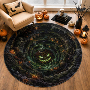 Evil Pumpkin Dungeon Shaft Vortex 3D Halloween Optical Illusion Round Rug