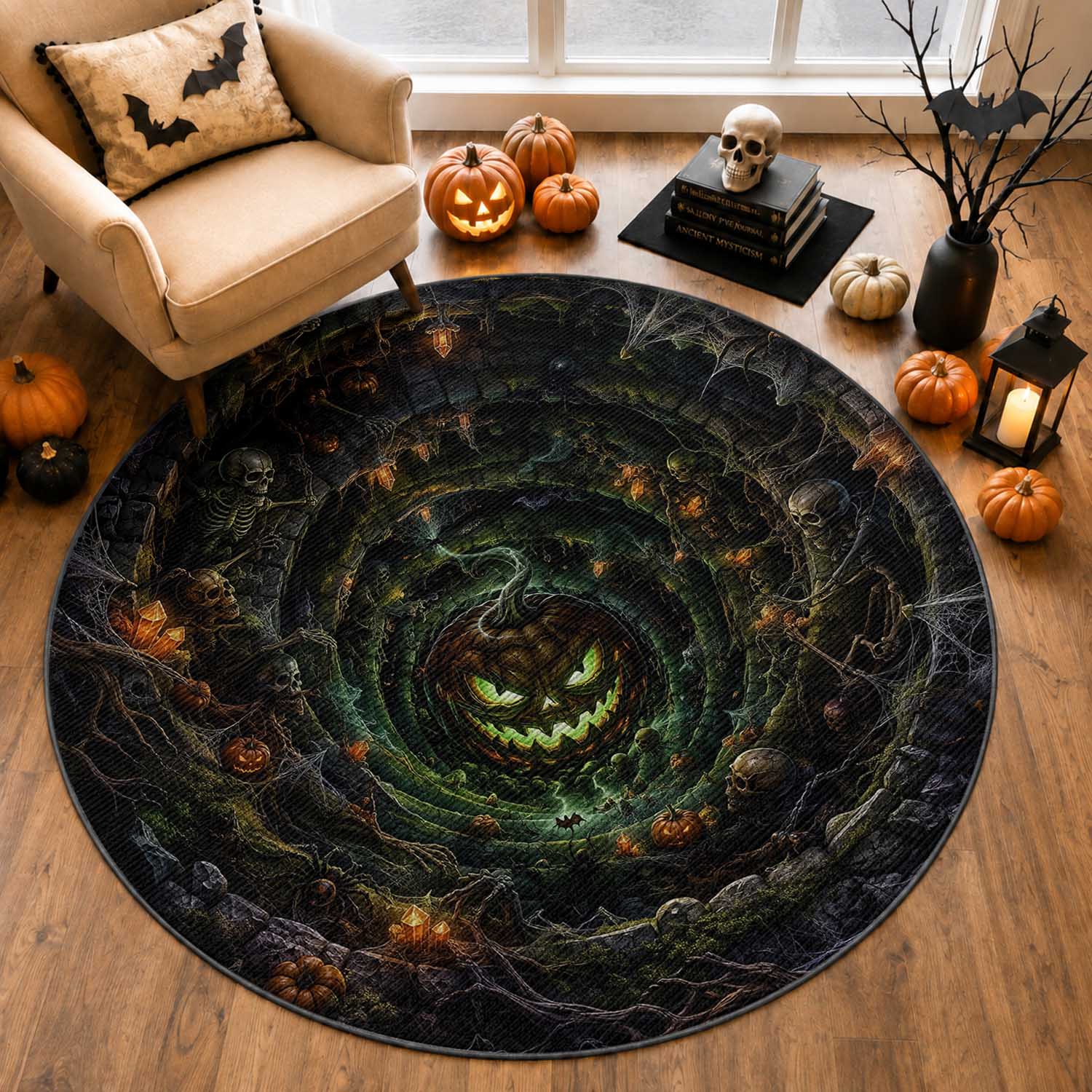 Evil Pumpkin Dungeon Shaft Vortex 3D Halloween Optical Illusion Round Rug