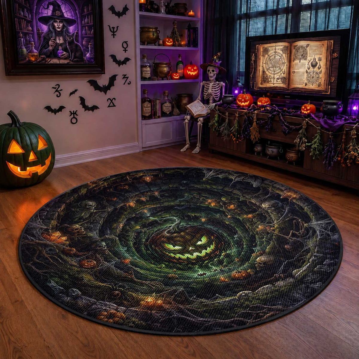 Evil Pumpkin Dungeon Shaft Vortex 3D Halloween Optical Illusion Round Rug