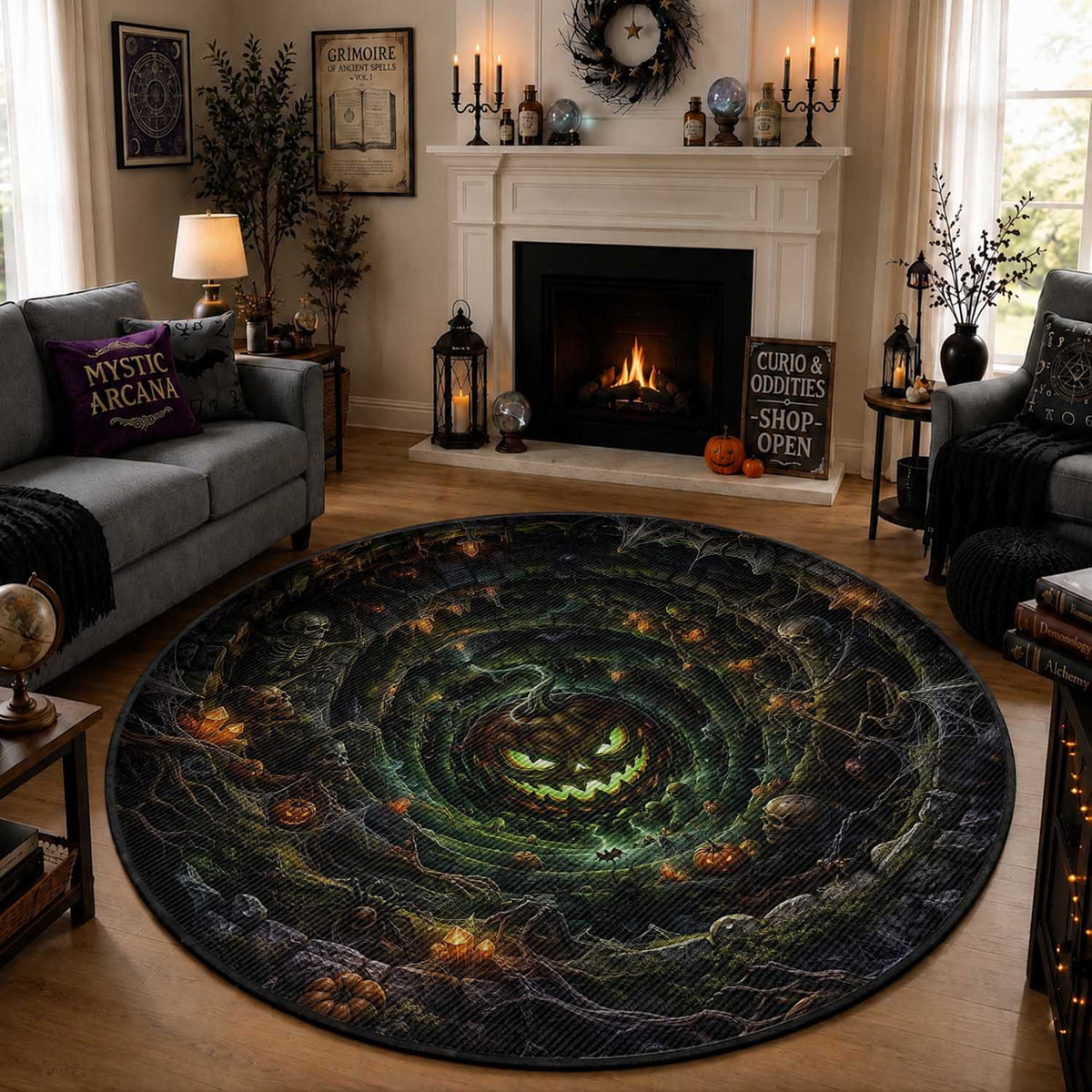 Evil Pumpkin Dungeon Shaft Vortex 3D Halloween Optical Illusion Round Rug