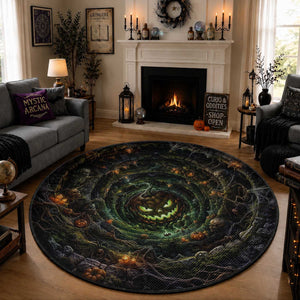 Evil Pumpkin Dungeon Shaft Vortex 3D Halloween Optical Illusion Round Rug