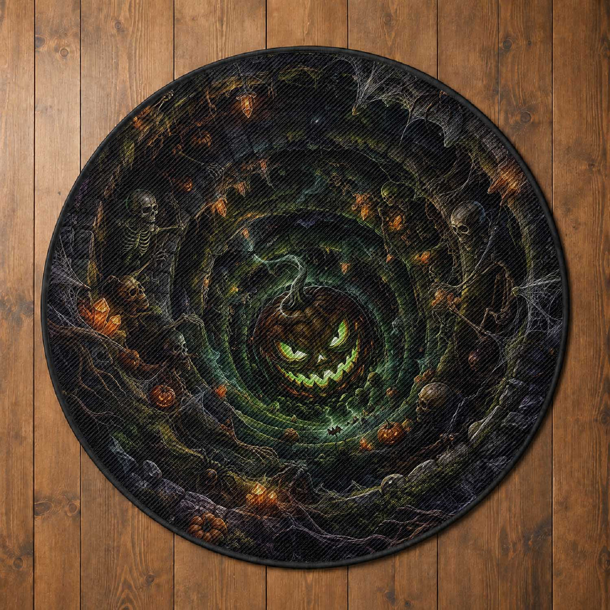 Evil Pumpkin Dungeon Shaft Vortex 3D Halloween Optical Illusion Round Rug