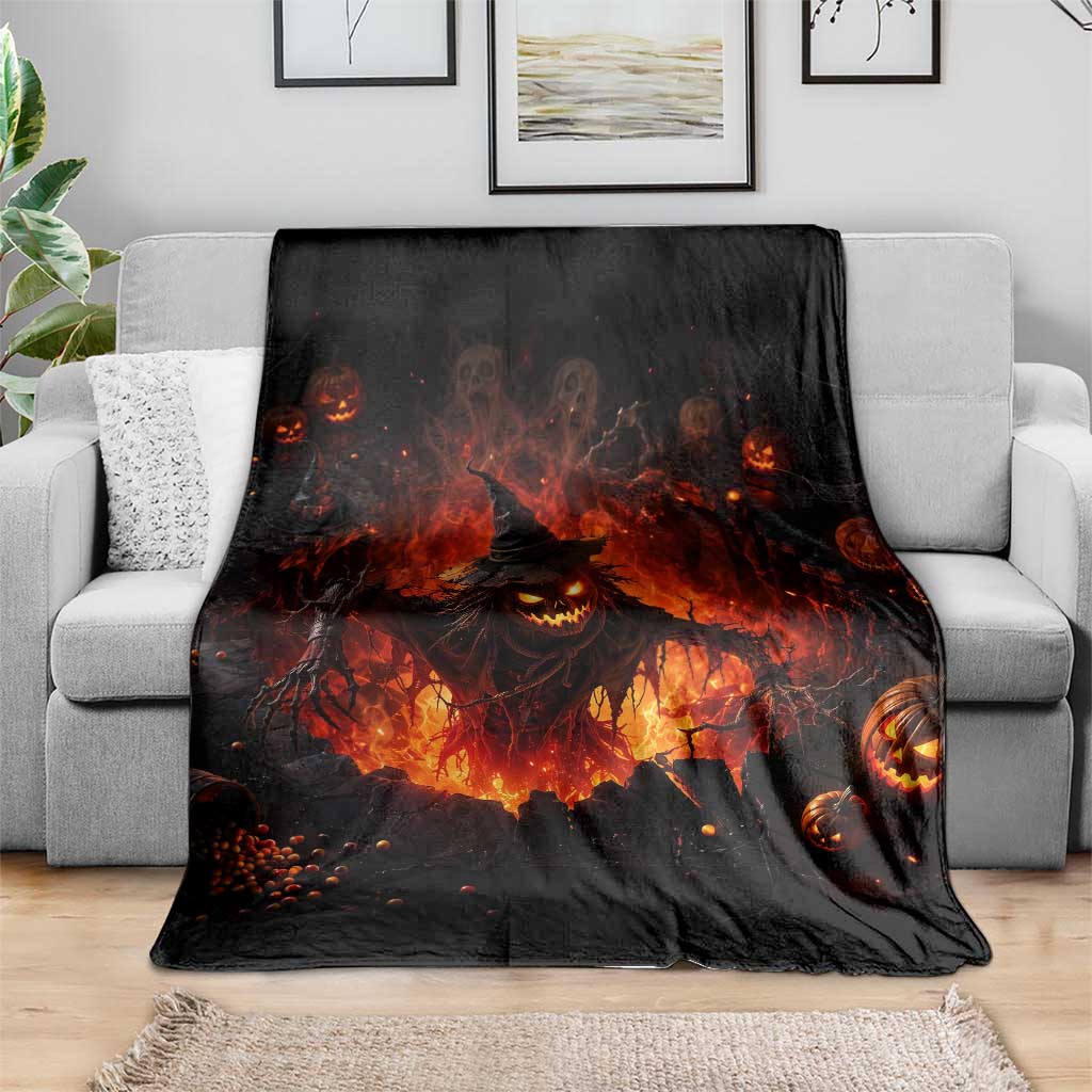 Evil Scarecrow Crawling Out Fiery Pit 3D Halloween Optical Illusion Throw Blanket