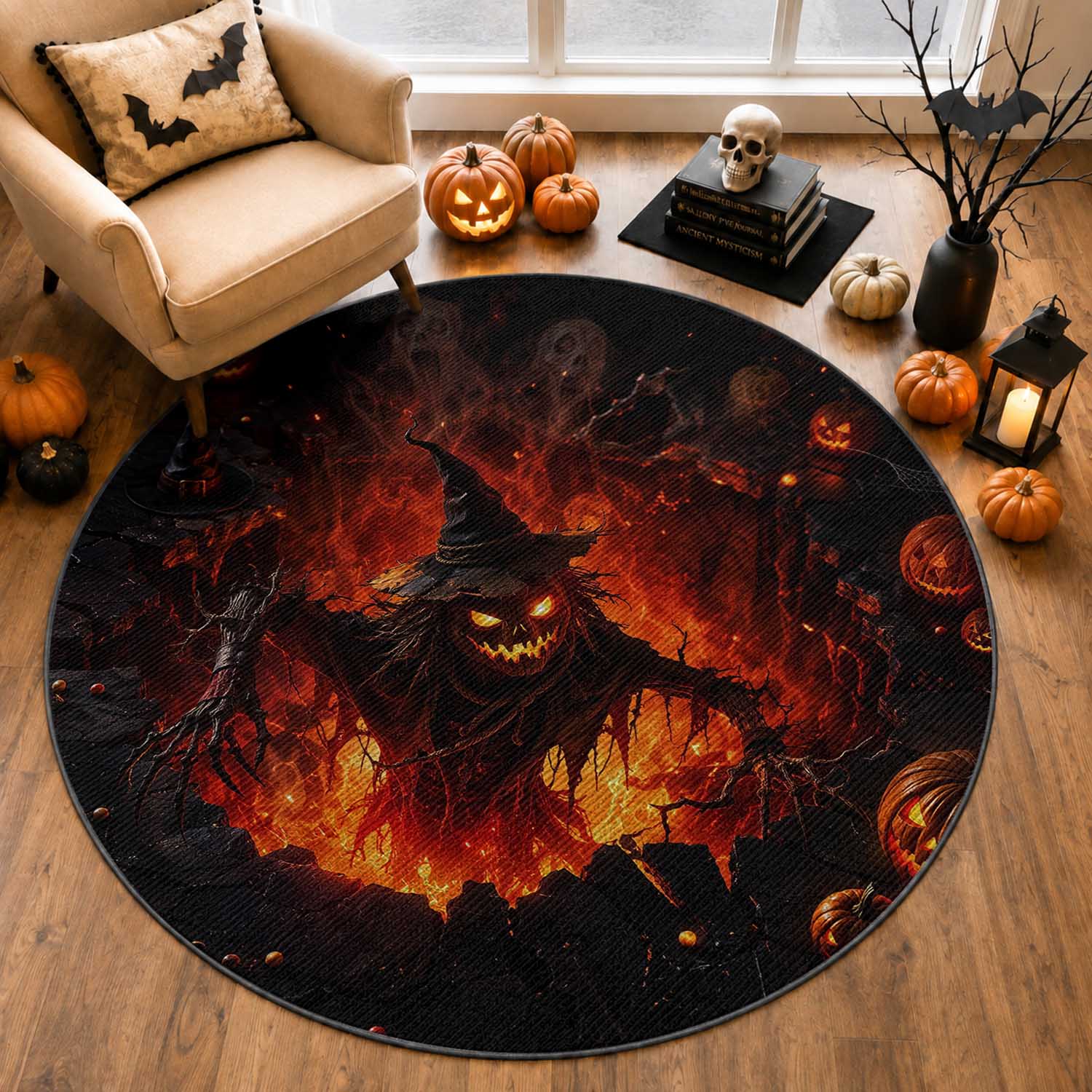 Evil Scarecrow Crawling Out Fiery Pit 3D Halloween Optical Illusion Round Rug