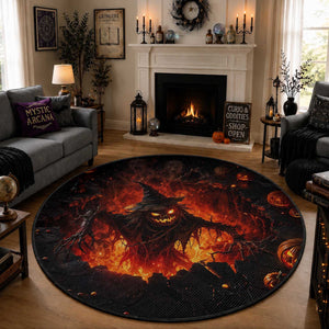 Evil Scarecrow Crawling Out Fiery Pit 3D Halloween Optical Illusion Round Rug