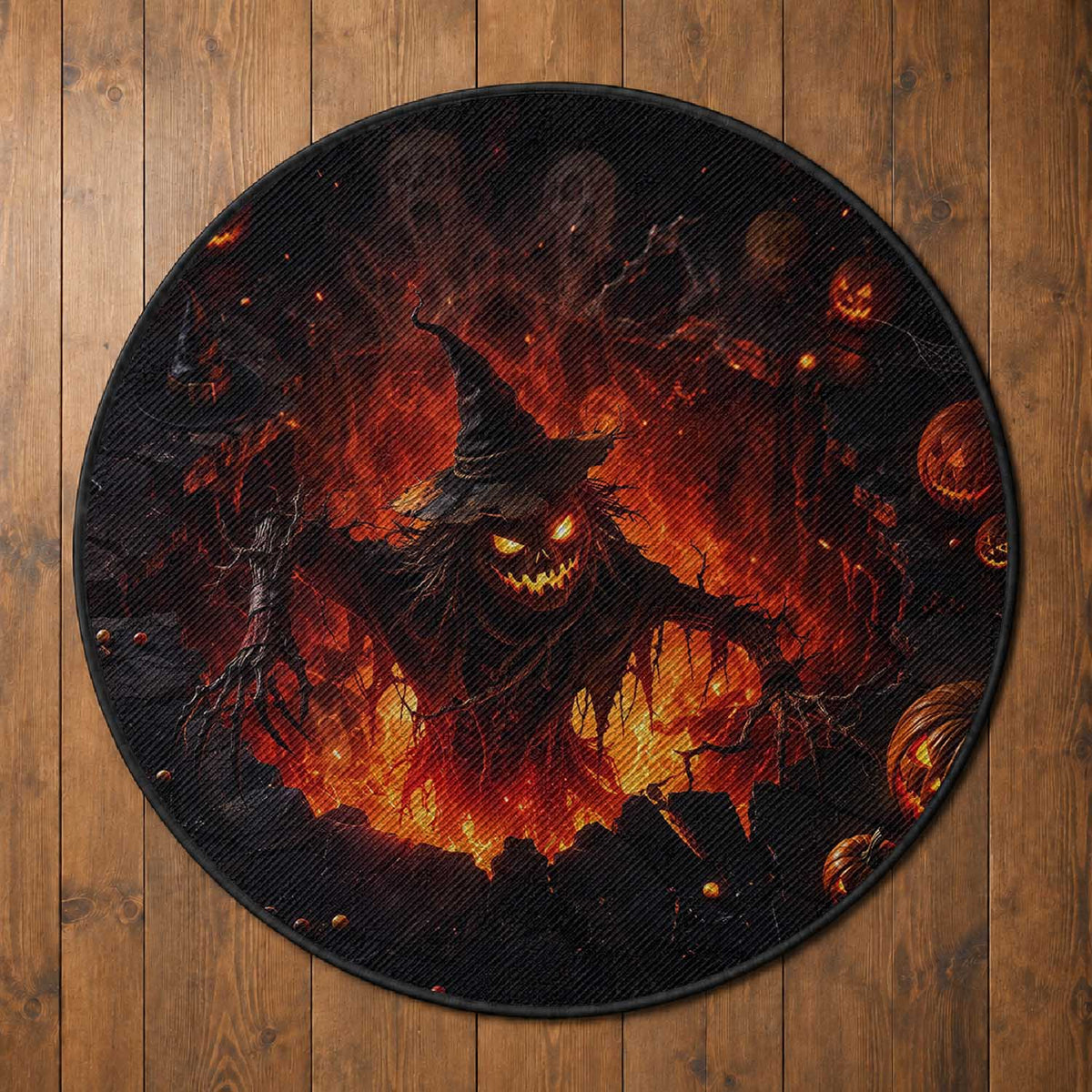 Evil Scarecrow Crawling Out Fiery Pit 3D Halloween Optical Illusion Round Rug