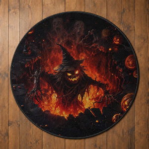 Evil Scarecrow Crawling Out Fiery Pit 3D Halloween Optical Illusion Round Rug