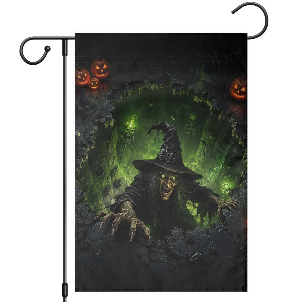 Wicked Witch Crawling Out Green Pit 3D Halloween Optical Illusion Garden Flag