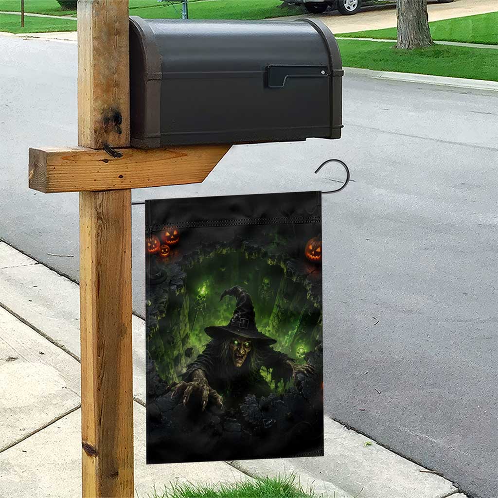 Wicked Witch Crawling Out Green Pit 3D Halloween Optical Illusion Garden Flag