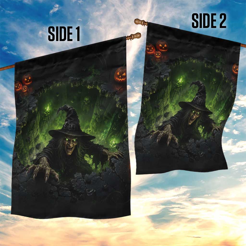 Wicked Witch Crawling Out Green Pit 3D Halloween Optical Illusion Garden Flag
