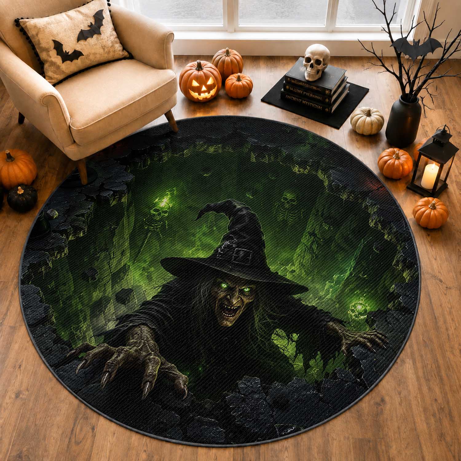 Wicked Witch Crawling Out Green Pit 3D Halloween Optical Illusion Round Rug