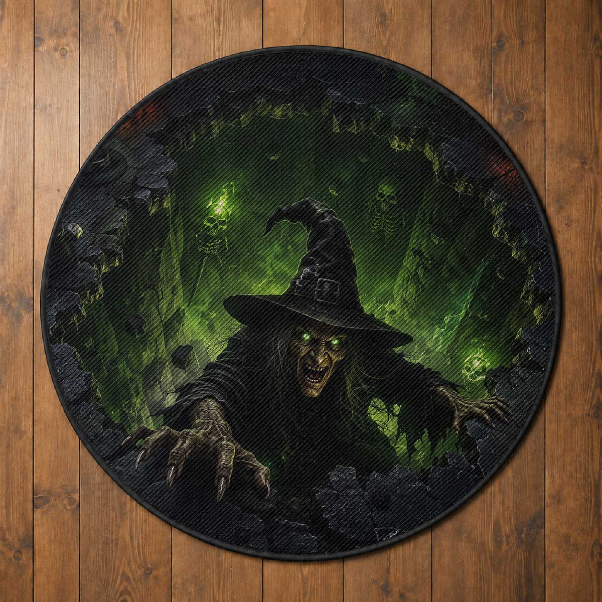Wicked Witch Crawling Out Green Pit 3D Halloween Optical Illusion Round Rug