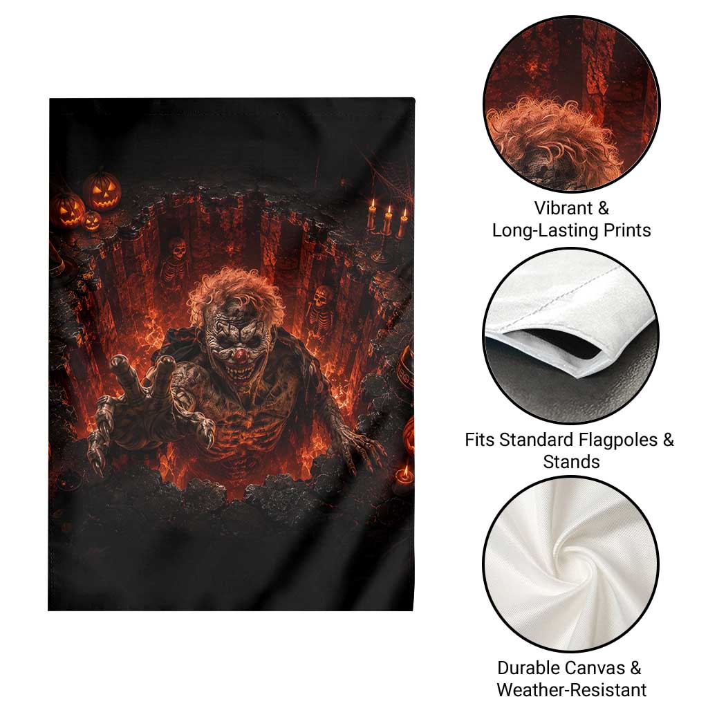 Scary Evil Clown Crawling Out Fiery Pit 3D Halloween Optical Illusion Garden Flag