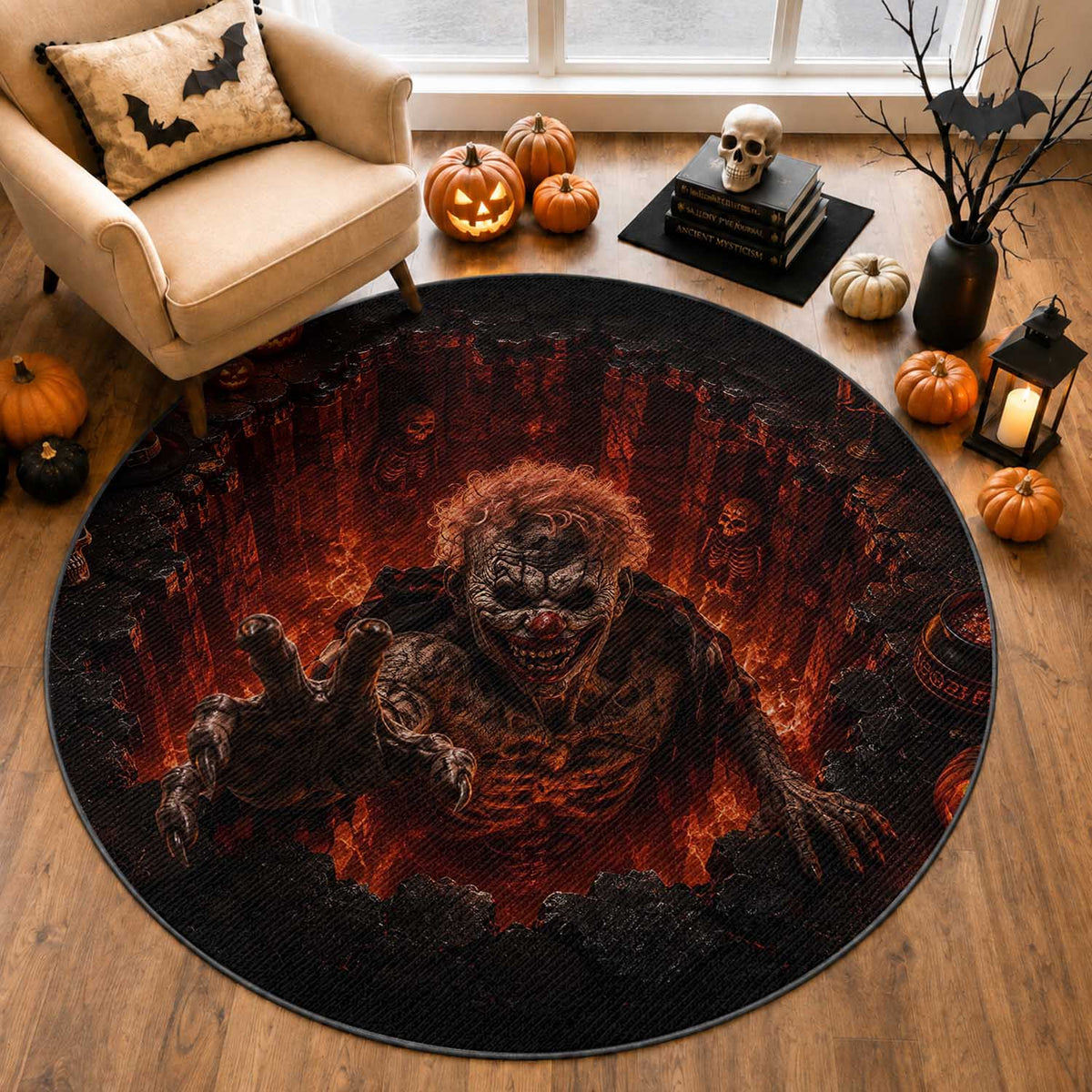 Scary Evil Clown Crawling Out Fiery Pit 3D Halloween Optical Illusion Round Rug