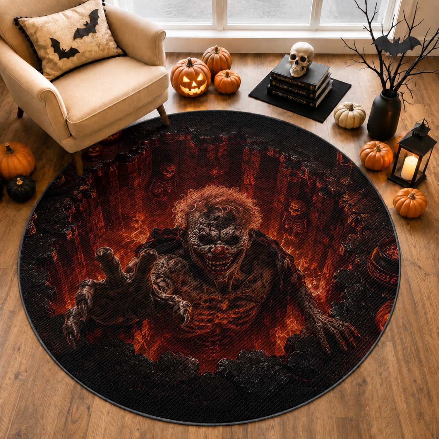 Scary Evil Clown Crawling Out Fiery Pit 3D Halloween Optical Illusion Round Rug