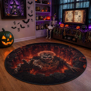 Scary Evil Clown Crawling Out Fiery Pit 3D Halloween Optical Illusion Round Rug