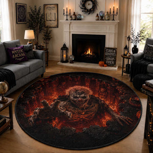 Scary Evil Clown Crawling Out Fiery Pit 3D Halloween Optical Illusion Round Rug