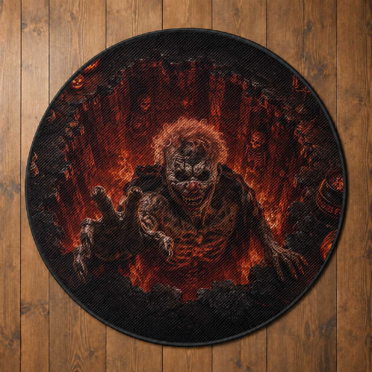 Scary Evil Clown Crawling Out Fiery Pit 3D Halloween Optical Illusion Round Rug