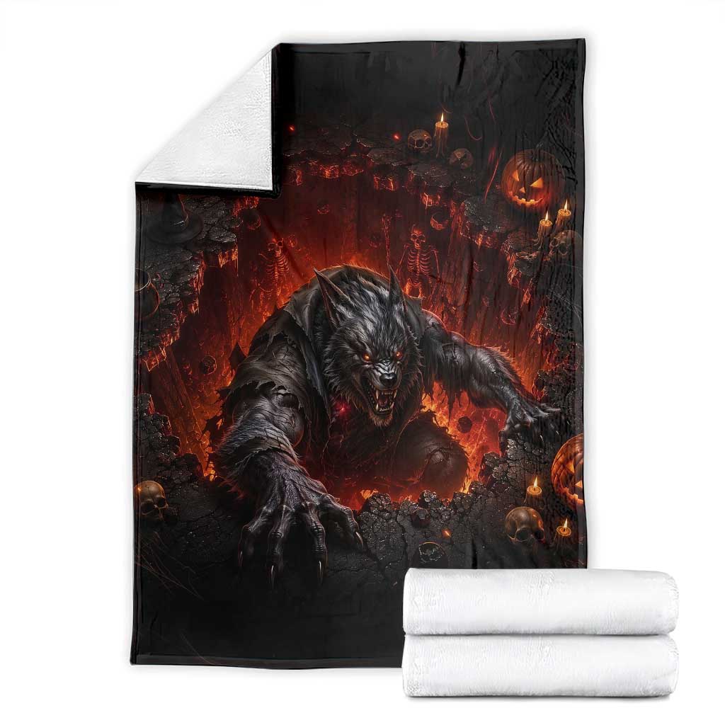 Creepy Werewolf Monster Crawling Out Fiery Pit 3D Halloween Optical Illusion Throw Blanket