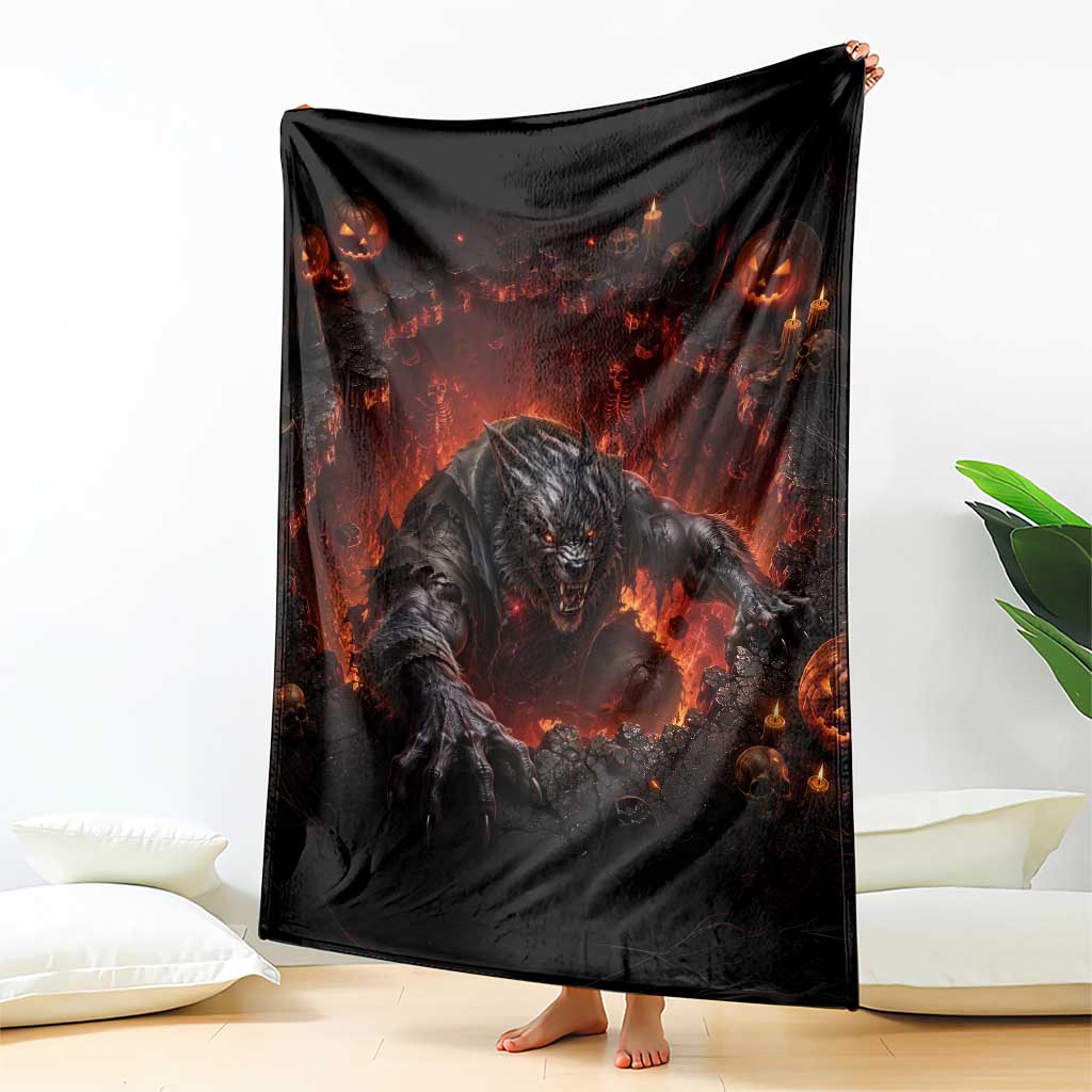 Creepy Werewolf Monster Crawling Out Fiery Pit 3D Halloween Optical Illusion Throw Blanket