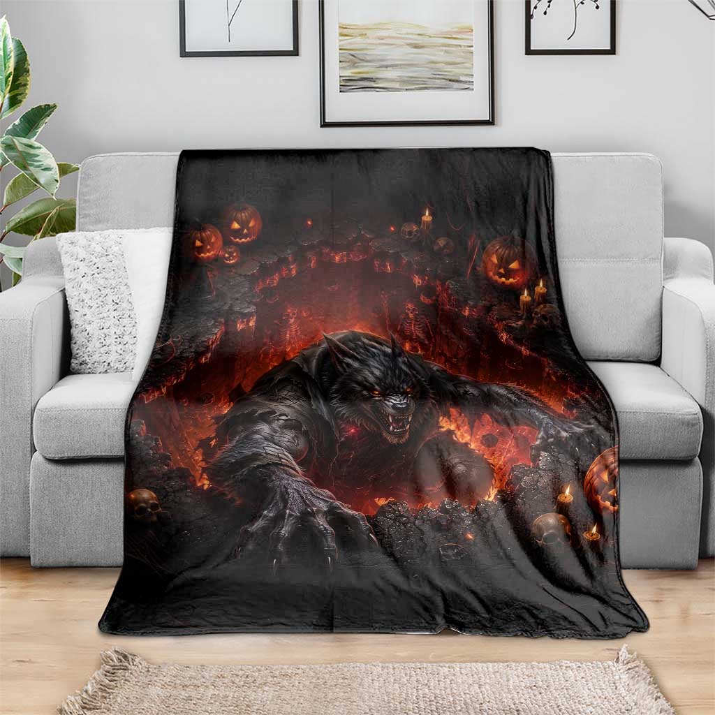 Creepy Werewolf Monster Crawling Out Fiery Pit 3D Halloween Optical Illusion Throw Blanket