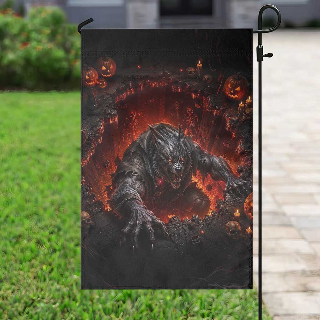 Creepy Werewolf Monster Crawling Out Fiery Pit 3D Halloween Optical Illusion Garden Flag