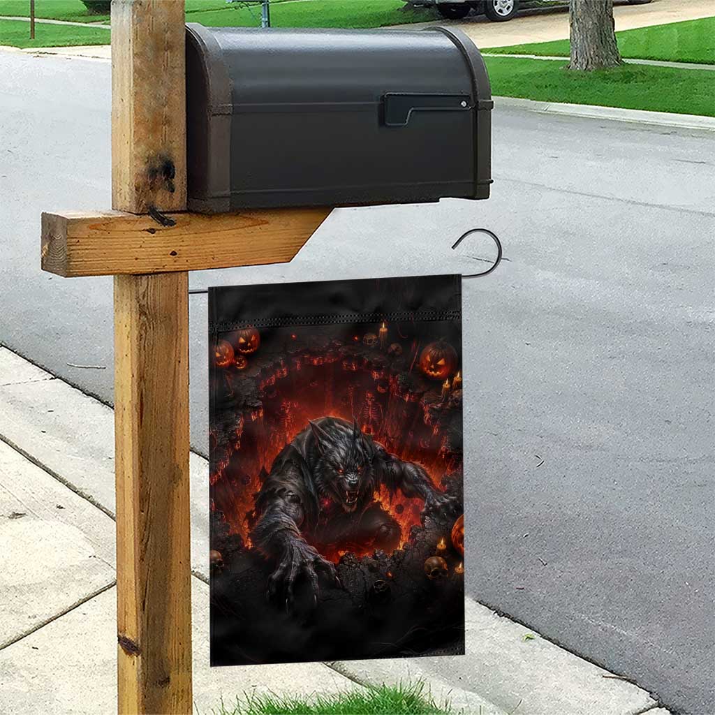 Creepy Werewolf Monster Crawling Out Fiery Pit 3D Halloween Optical Illusion Garden Flag