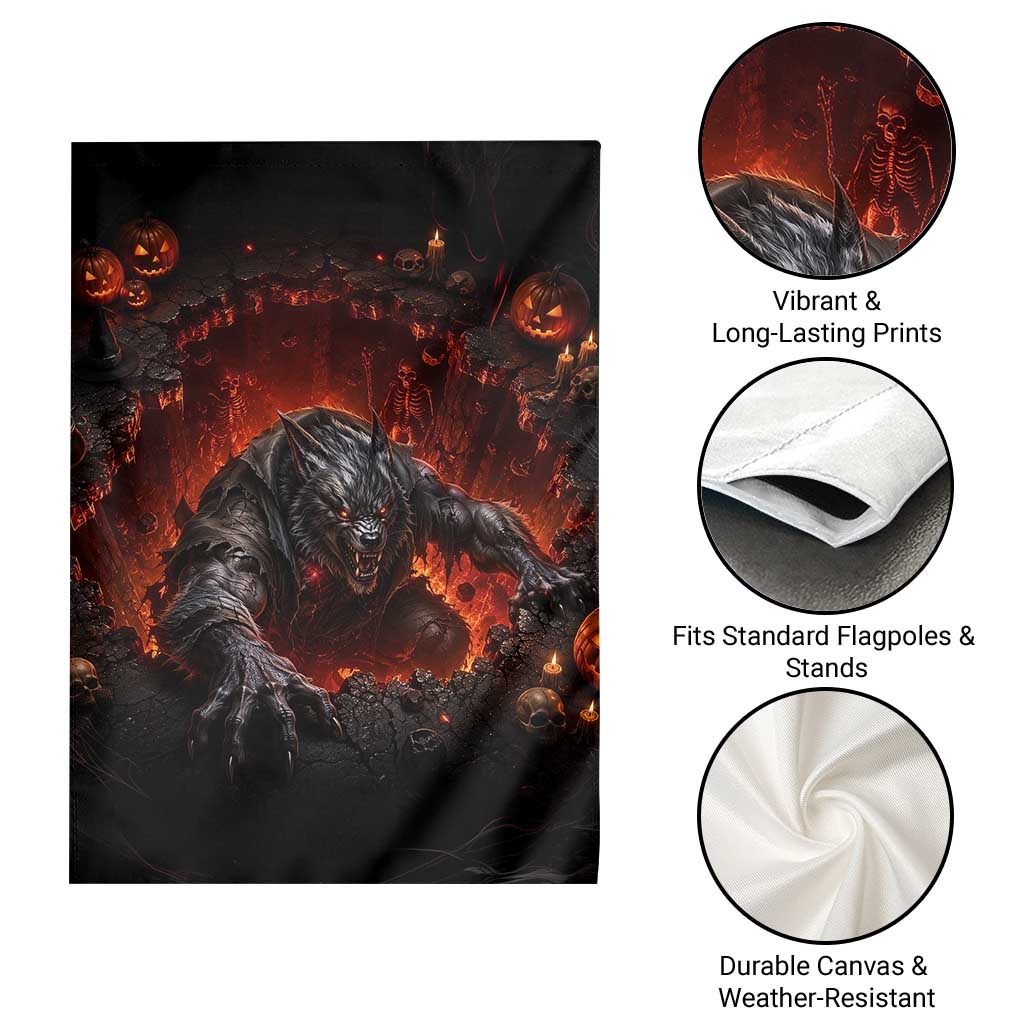 Creepy Werewolf Monster Crawling Out Fiery Pit 3D Halloween Optical Illusion Garden Flag