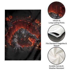 Creepy Werewolf Monster Crawling Out Fiery Pit 3D Halloween Optical Illusion Garden Flag