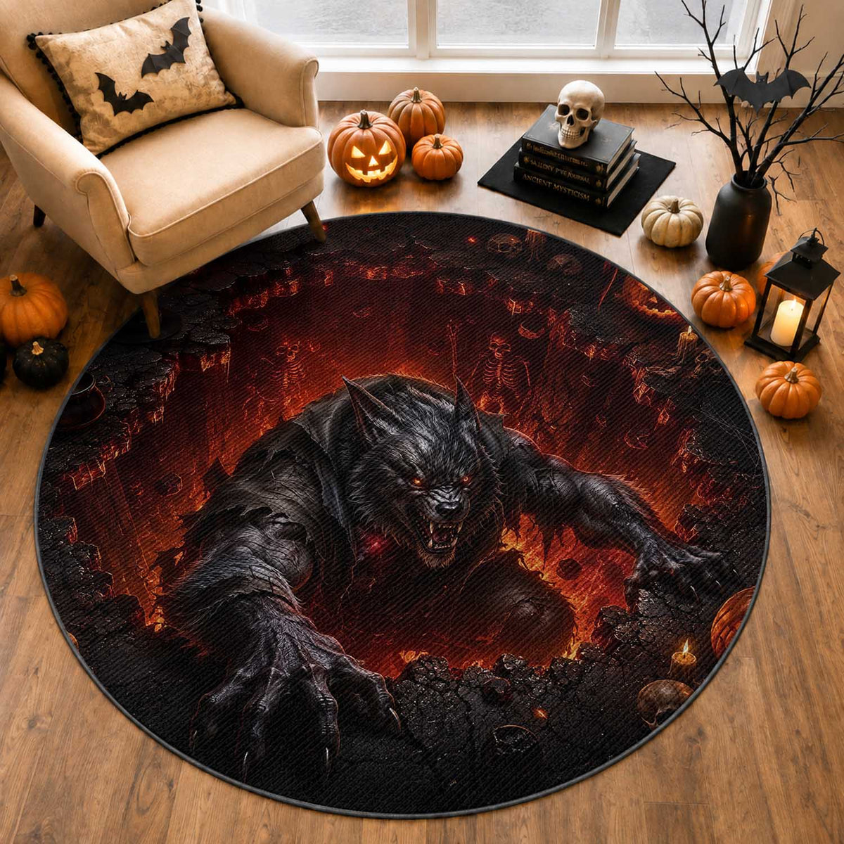 Creepy Werewolf Monster Crawling Out Fiery Pit 3D Halloween Optical Illusion Round Rug