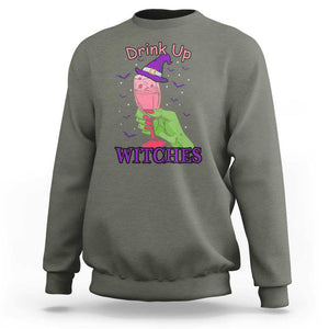 Drinking Witch Sweatshirt Drink Up Witches Wine Lover TS02 Military Green Print Your Wear