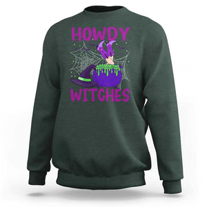 Halloween Witch Sweatshirt Howdy Witches Western Cowgirl TS02 Dark Forest Green Print Your Wear