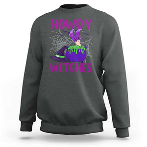 Halloween Witch Sweatshirt Howdy Witches Western Cowgirl TS02 Dark Heather Print Your Wear